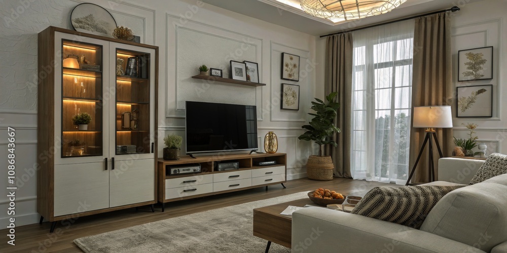 Fototapeta premium Modern Living Room with Stylish TV Cabinet and Ample Storage Space Against a White Wall, Featuring a Cozy Atmosphere and Contemporary Decor Elements