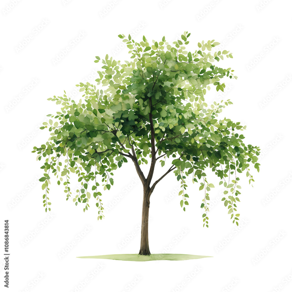 Naklejka premium A Vibrant Green Tree with Cascading Leaves Captures the Essence of Nature's Beauty, Standing Proudly Against a Transparent Background, Perfect for Nature Lovers and Art Enthusiasts.