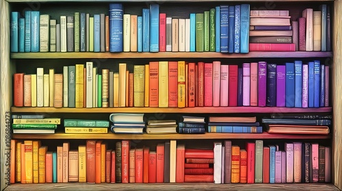 A vibrant, colorful bookshelf filled with neatly arranged books, symbolizing knowledge and the joy of reading.