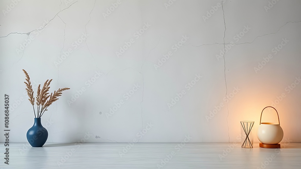 Minimalist Interior Design with Dried Flowers, a Ceramic Lamp, and a White Wall with Subtle Cracks Minimalist Interior Design with Dried Flowers, a Ceramic Lamp, and a White Wall with Subtle Cracks