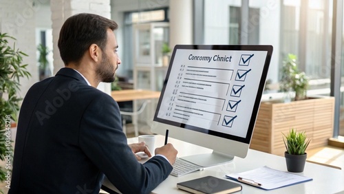 Businessman checking steps through a virtual online document with a list of checkboxes Concepts of practices and policies, company articles of association Terms and Conditions ,quality inspection