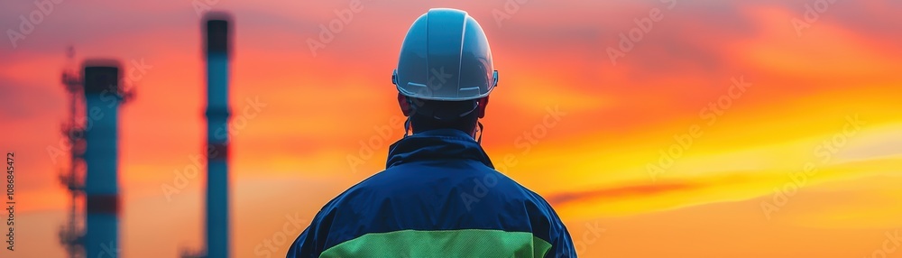 Obraz premium Back view of worker in protective gear in a large factory industrial focus with bright lighting and safety equipment highlighting professionalism