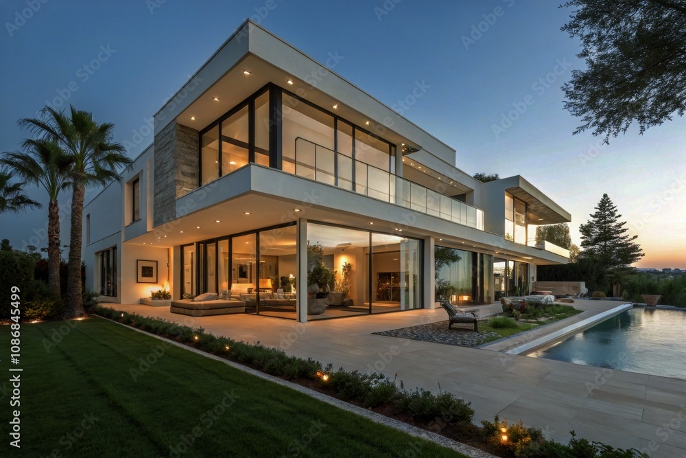 Obraz premium Modern Villa Design with Large Windows - Contemporary Architecture, Spacious Interiors, Luxurious Living Spaces, Natural Light, Open Floor Plan, Sleek Style, Minimalist Aesthetic, High-End Design