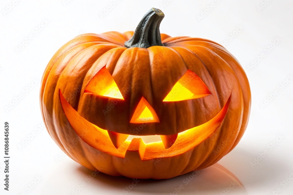 Isolated Halloween Carved Jack-O'-Lantern Pumpkin on White Background for Creative Seasonal Decor and Photography Use Isolated Halloween Carved Jack-O'-Lantern Pumpkin on White Background for Creative Seasonal Decor and Photography Use