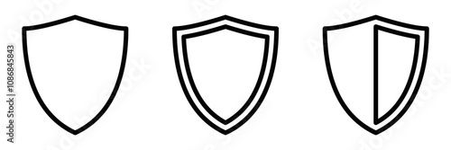 Set of shield icons in outline style. Editable stroke.