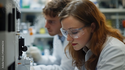 Two scientists focus intently on their equipment, conducting data analysis to prepare vital findings for their research headquarters.