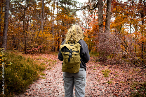 View on hiker in forest in autumn photo