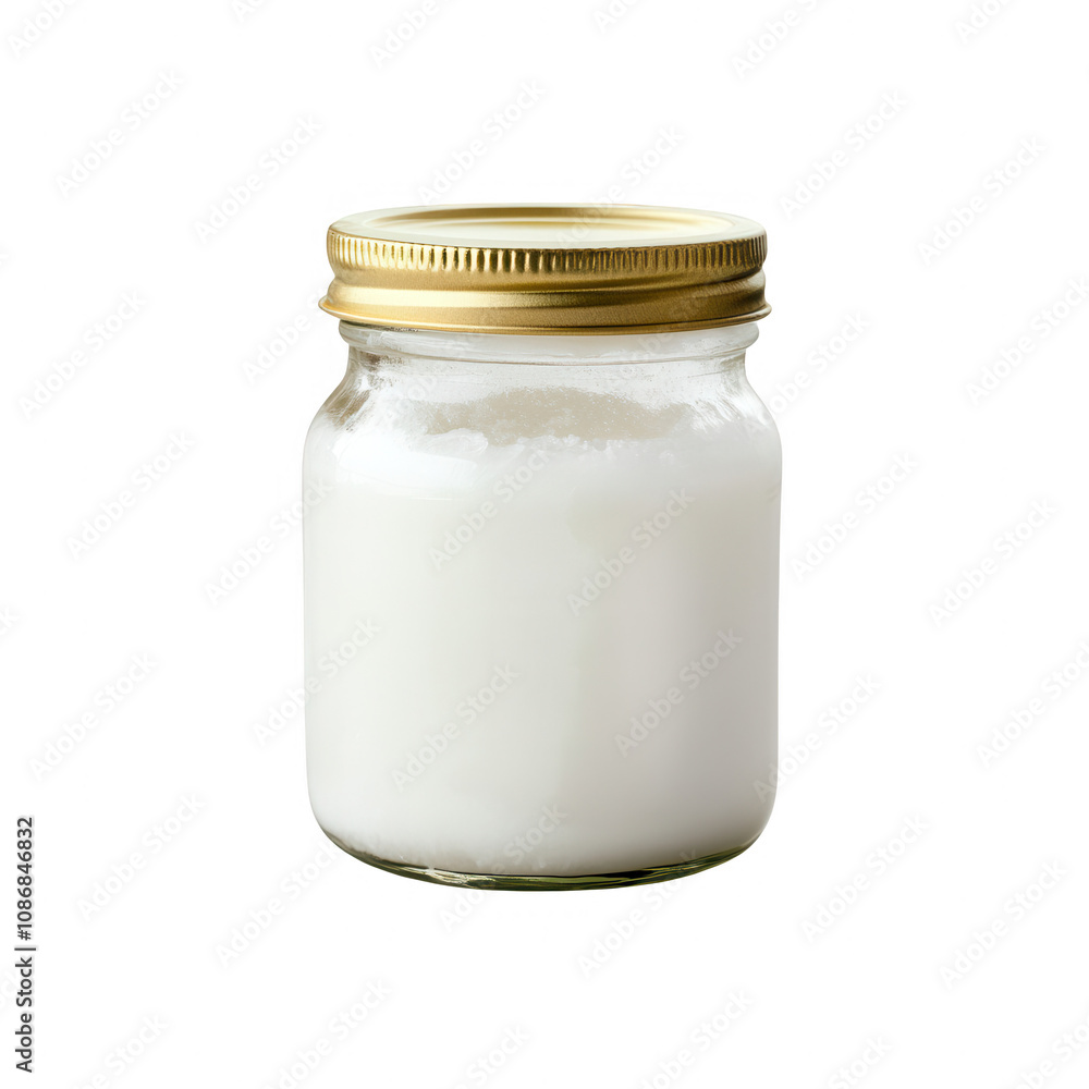 A glass jar filled with creamy white substance, perfect for culinary use. A glass jar filled with creamy white substance, perfect for culinary use.