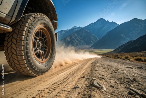 Off-Road Adventure: Large Vehicle Tire Kicking Up Dust on Scenic Country Road with Majestic Mountains in Background