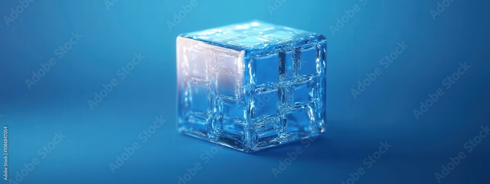 A clear ice cube is displayed against a blue background, showcasing its transparency and texture. A clear ice cube is displayed against a blue background, showcasing its transparency and texture.