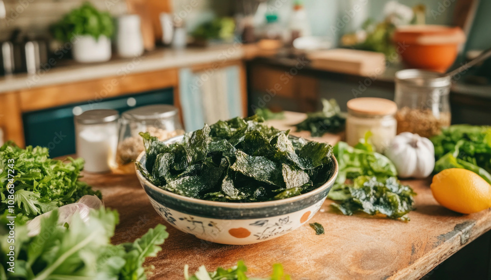 Preparing healthy vegan meal with various green vegetables and dried seaweed chips Preparing healthy vegan meal with various green vegetables and dried seaweed chips