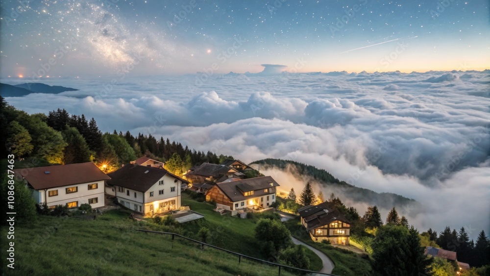 Panoramic Nightscape of a Village Surrounded by a Sea of Clouds in Rapid Motion – Ethereal Atmosphere, Dreamy Landscape, Scenic View, Mystical Night Photography Panoramic Nightscape of a Village Surrounded by a Sea of Clouds in Rapid Motion – Ethereal Atmosphere, Dreamy Landscape, Scenic View, Mystical Night Photography