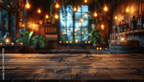 Wallpaper Mural Dark Wooden Table in Bar Interior with Blurred Lights Background for Product Display Torontodigital.ca