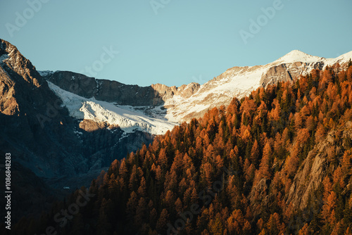 Beautiful autumn landscape in the mountains of Valmalenco in the northern Italy at sunset, with orange larches and foliage