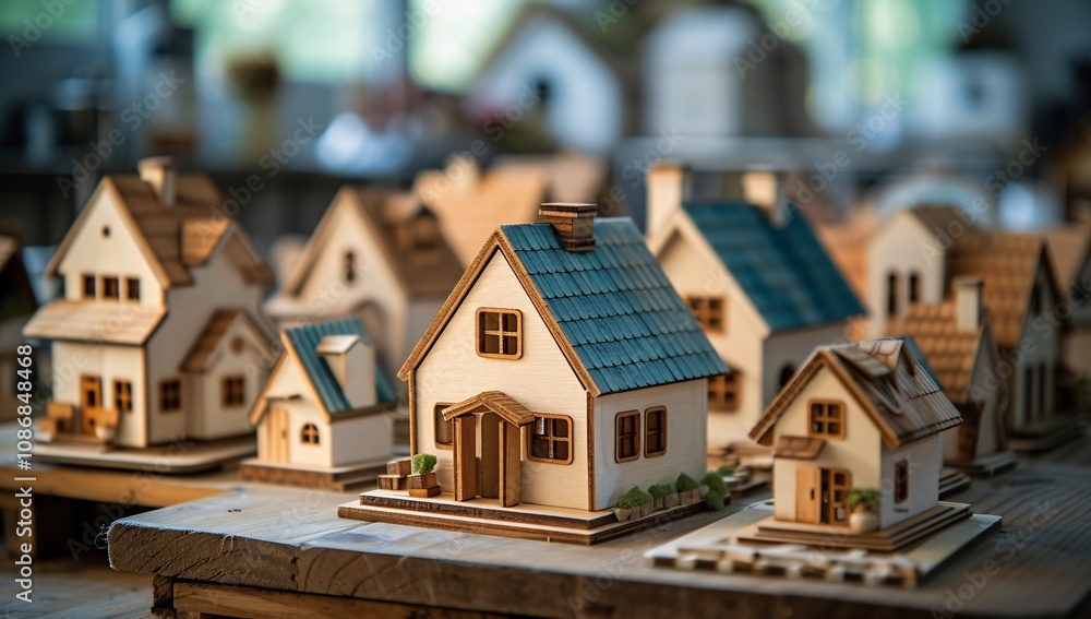 A beautifully arranged display of intricately crafted wooden model houses, showcasing unique architectural designs and vibrant colors in a creative workspace. A beautifully arranged display of intricately crafted wooden model houses, showcasing unique architectural designs and vibrant colors in a creative workspace.