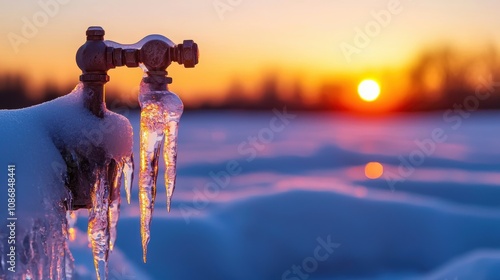 Snowcovered faucet with sharp icicles reflecting sunlight winter setting emphasizing freezing conditions and outdoor maintenance challenges photo