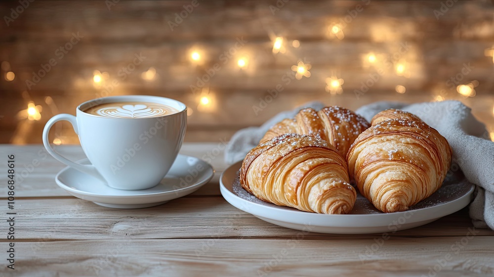 A steaming cup of coffee with flaky croissants on a wooden table A steaming cup of coffee with flaky croissants on a wooden table