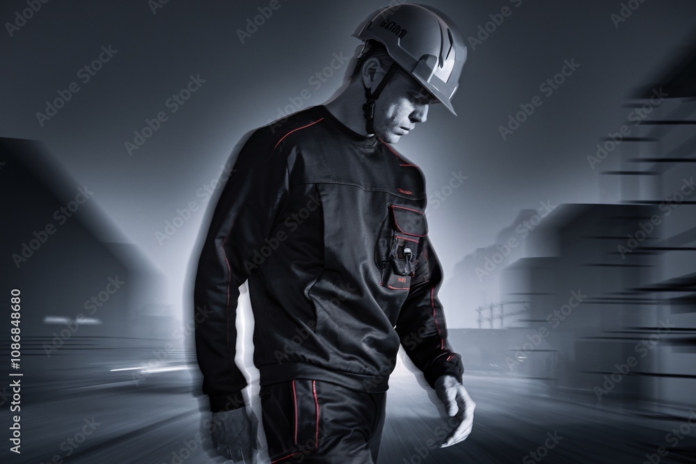 Construction Worker in Action: A rugged worker in a hard hat and workwear stands confidently, his determination reflected in the blurred background of an industrial setting. Construction Worker in Action: A rugged worker in a hard hat and workwear stands confidently, his determination reflected in the blurred background of an industrial setting.