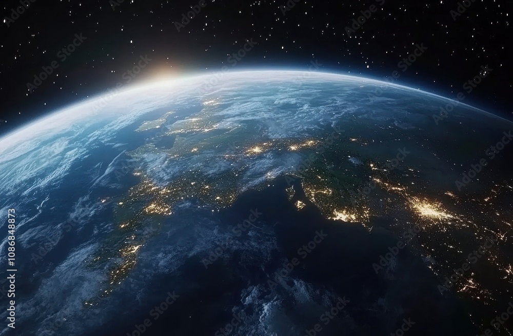 Fototapeta premium A Stunning View of Earth from Space at Night, Showcasing City Lights and Natural Landscapes Under a Starry Sky with a Glimmering Sunrise on the Horizon
