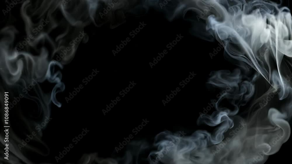 Camera moves throygh a circular formation of swirling white smoke against a solid black background, creating a dramatic visual effect