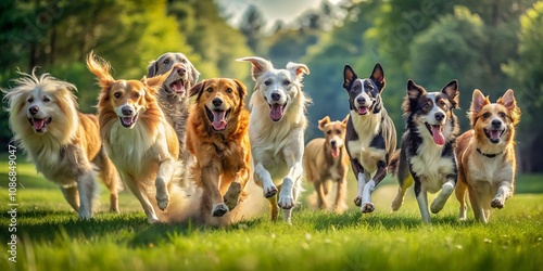 Long Exposure Photography of Various Dog Breeds in Motion, Capturing Their Unique Characteristics and Playful Spirits in a Beautiful Natural Setting