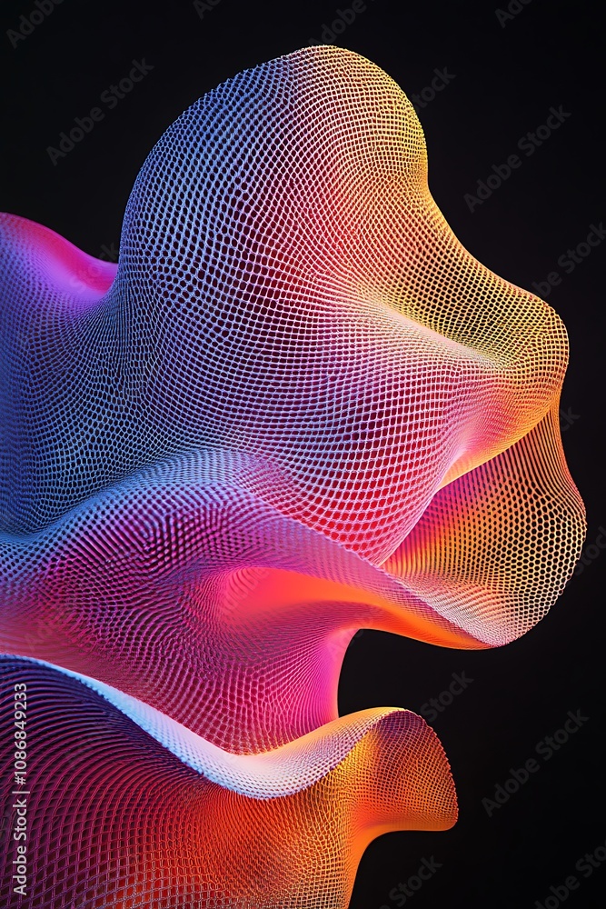 Abstract colorful 3D mesh shape illuminated in vibrant hues of pink, blue, and orange, showcasing fluid curves and intricate patterns on a dark background Abstract colorful 3D mesh shape illuminated in vibrant hues of pink, blue, and orange, showcasing fluid curves and intricate patterns on a dark background