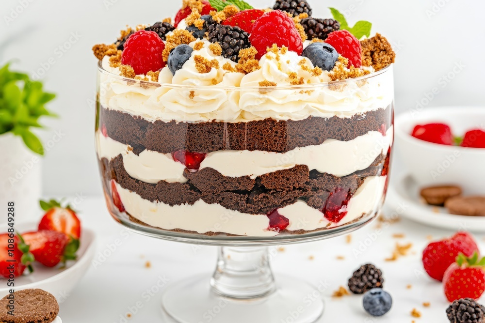 A layered trifle dessert in a glass bowl, featuring chocolate cake, whipped cream, and fruit, garnished with crushed cookies. A layered trifle dessert in a glass bowl, featuring chocolate cake, whipped cream, and fruit, garnished with crushed cookies.