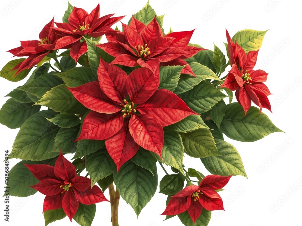 Christmas Poinsettia bright red poinsettia plant, with green leaves and a clean, white background Christmas Poinsettia bright red poinsettia plant, with green leaves and a clean, white background