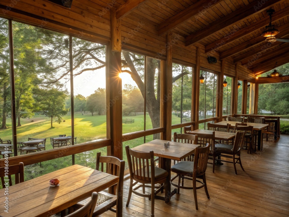 Rustic Restaurant Interior with Wooden Bar, Tables, and Chairs Overlooking Park Through Large Windows - Ideal for Landscape Photography, Interior Design, and Nature Views Rustic Restaurant Interior with Wooden Bar, Tables, and Chairs Overlooking Park Through Large Windows - Ideal for Landscape Photography, Interior Design, and Nature Views