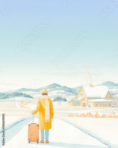 Christmas homecoming concept. A person with luggage on the pathway to homeland photo