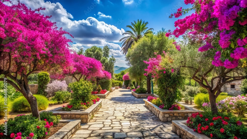 Lush Greek Garden Oasis Featuring Vibrant Bougainvillea, Olive Trees, and Stone Pathways Under Bright Blue Skies with Inviting Sunlit Corners for Tranquil Relaxation and Nature Appreciation Lush Greek Garden Oasis Featuring Vibrant Bougainvillea, Olive Trees, and Stone Pathways Under Bright Blue Skies with Inviting Sunlit Corners for Tranquil Relaxation and Nature Appreciation