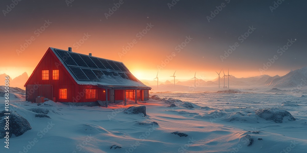 Cozy red cabin with solar panels in snowy landscape at sunset, wind turbines in background. Cozy red cabin with solar panels in snowy landscape at sunset, wind turbines in background.