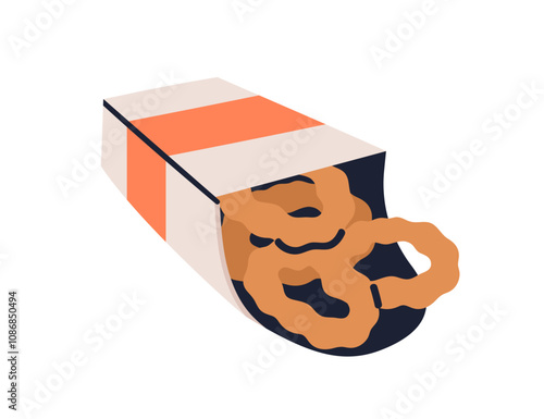 Onion rings in open takeaway box, deep fried crispy fast food snack. Crunchy eating, appetizer in takeout packaging, take-away pack. Flat vector illustration isolated on white background
