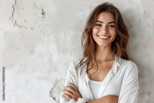 A cheerful young woman with long wavy hair smiles in front of a textured wall, showcasing a relaxed and confident demeanor. Perfect for lifestyle or beauty themes.