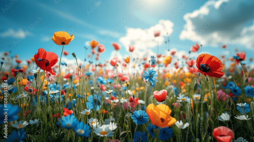 Fototapeta premium Vibrant Summer Wildflower Meadow Under Blue Sky