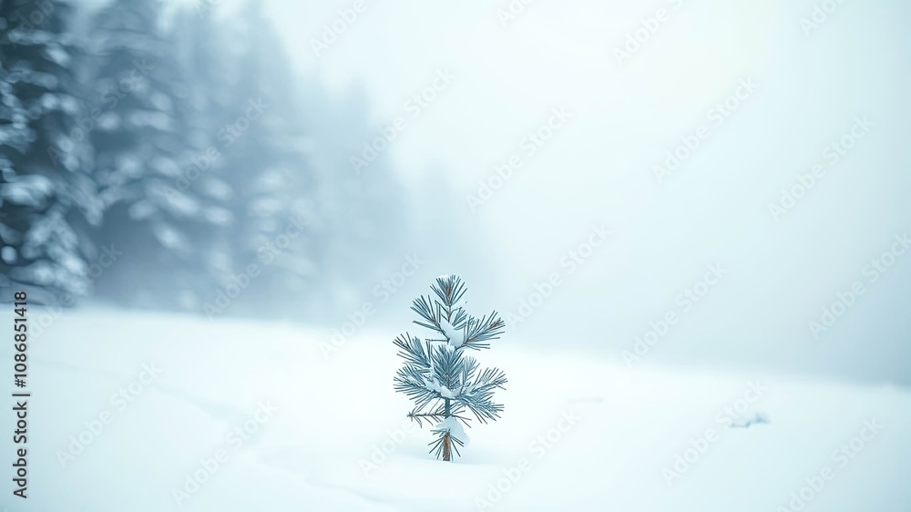 Fototapeta premium A Small Pine Tree Stands Alone in a Snowy Landscape, a Reminder of Resilience and the Beauty of Nature's Persistence