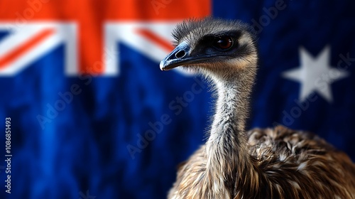 A baby ostrich stands in front of a flag of Australia photo