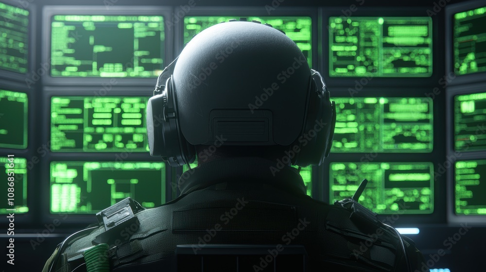 Back view of soldier wearing headset in command center surrounded by glowing monitors hightech military surveillance environment Back view of soldier wearing headset in command center surrounded by glowing monitors hightech military surveillance environment