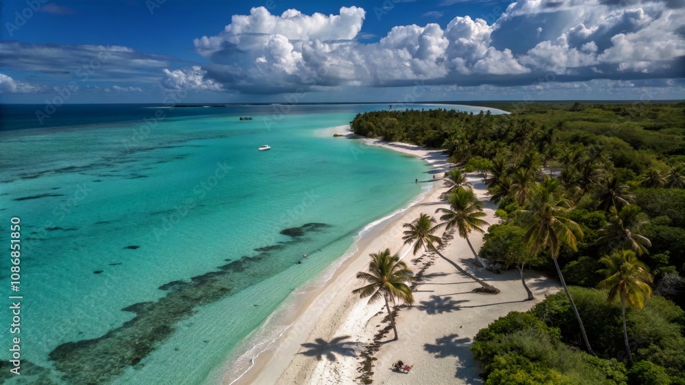 Obraz premium Serene Tropical Paradise: Aerial View of Turquoise Waters and Sandy Shores Under Blue Sky