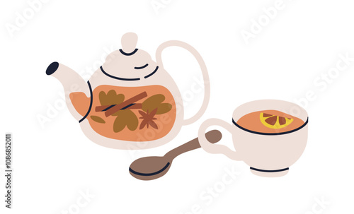 Tea pot and cup with warm herbal drink, infused with lemon, herbs and spices. Hot natural beverage in teapot and teacup, cinnamon and anise. Flat vector illustration isolated on white background