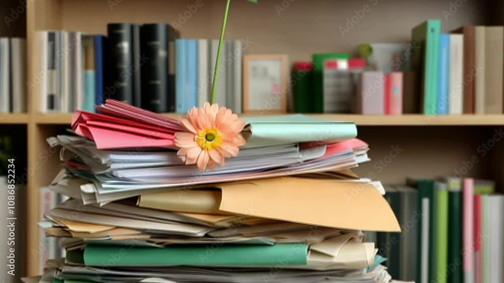 A cluttered stack of papers with a flower on top, symbolizing disorganization and creativity. A cluttered stack of papers with a flower on top, symbolizing disorganization and creativity.