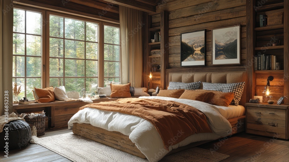 Highly detailed cozy bedroom with warm wood tones, rustic charm, and soft linens Highly detailed cozy bedroom with warm wood tones, rustic charm, and soft linens