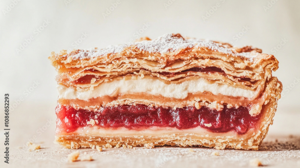 Delicious layered cake with puff pastry, cream and jam, sprinkled with powdered sugar Delicious layered cake with puff pastry, cream and jam, sprinkled with powdered sugar