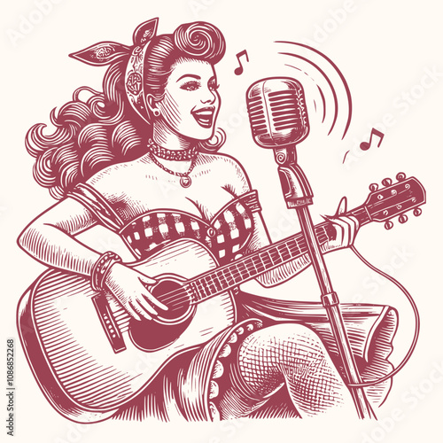 Retro Pin-Up Girl Singing and Playing Guitar Vector Illustration in Engraving Style with Retro Microphone and Musical Notes