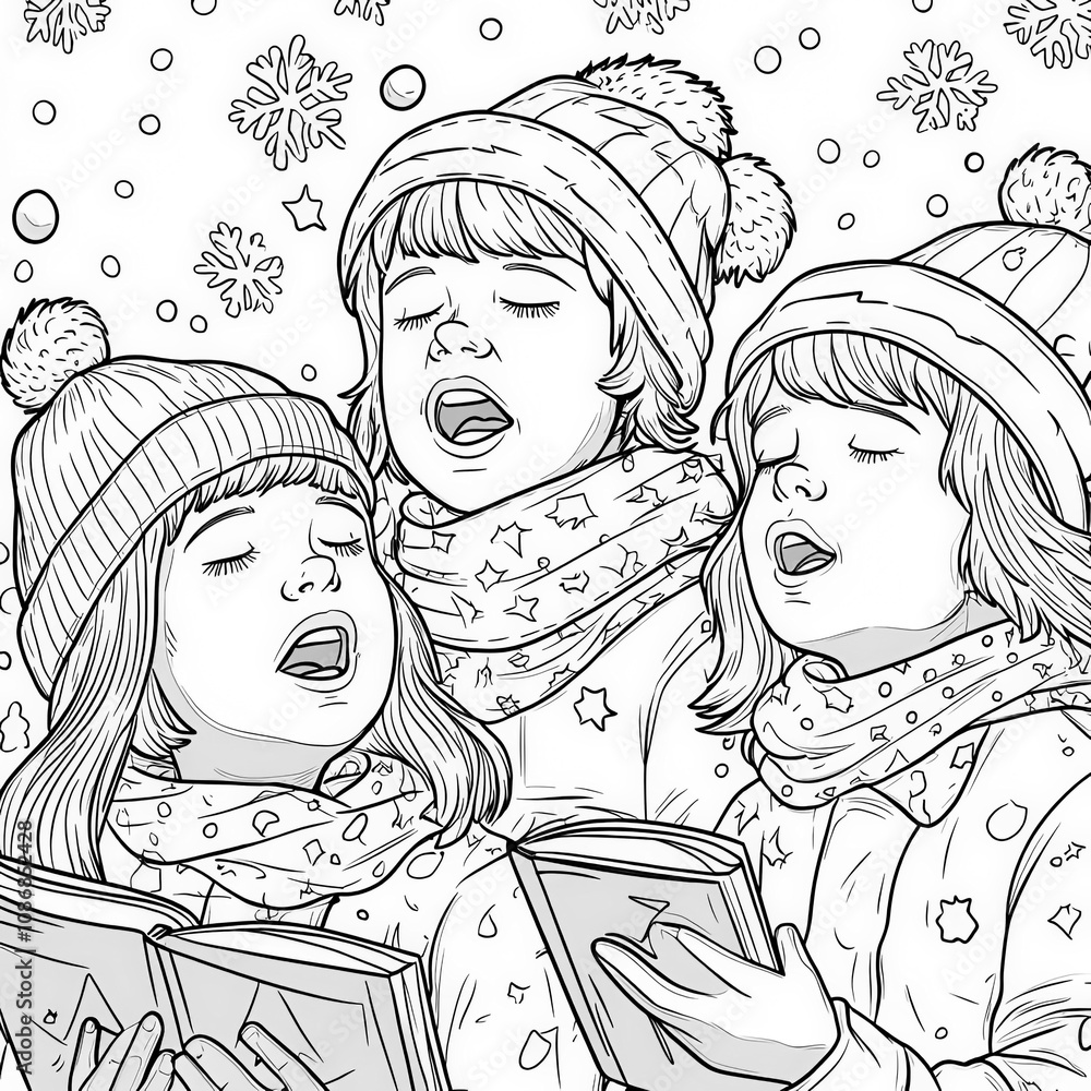 A holiday concert with kids singing, coloring page for kids, simple outline illustration. Coloring book, simple lines. A holiday concert with kids singing, coloring page for kids, simple outline illustration. Coloring book, simple lines.