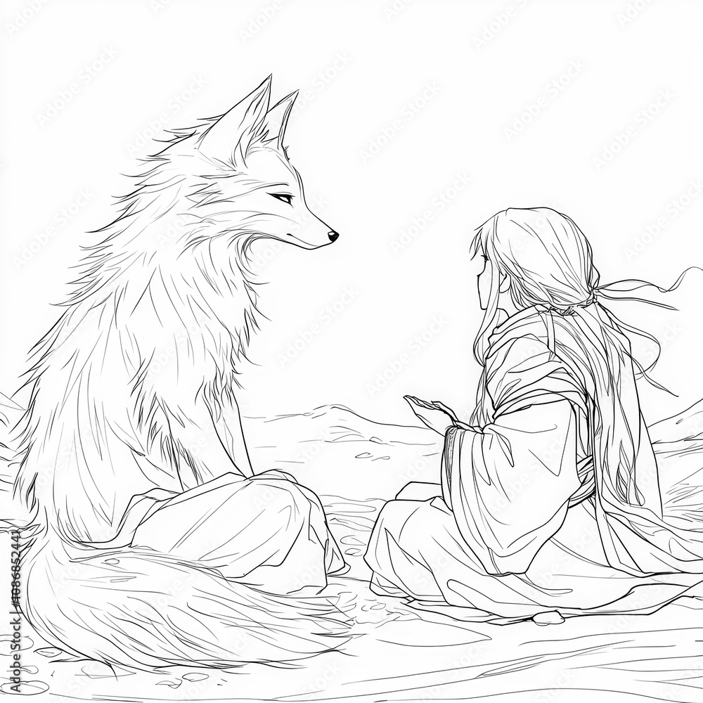 Naklejka premium A magical fox spirit guiding a lost traveler, anime coloring page for kids, simple outline illustration. Coloring book, simple lines.