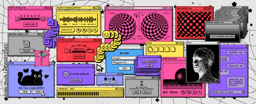 Retro desktop pc interface windows. Vintage colorful digital icons, retro cartoon computer screen, system notifications, applications and folders. Vector set
