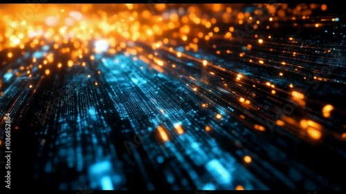 Dynamic futuristic background with glowing orange and blue gradient lights, sparkling particles, and soft wave textures. Perfect for technology presentations, trailers, or modern corporate visuals