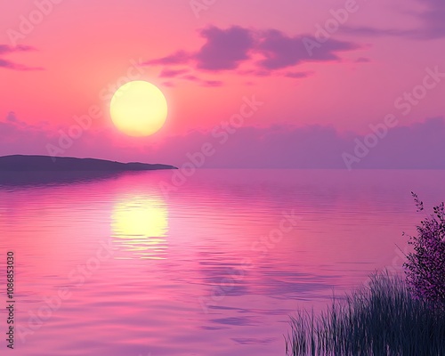 A calm sunset view with pink hues reflecting off a tranquil lake symbolizing peace and awareness for cancer