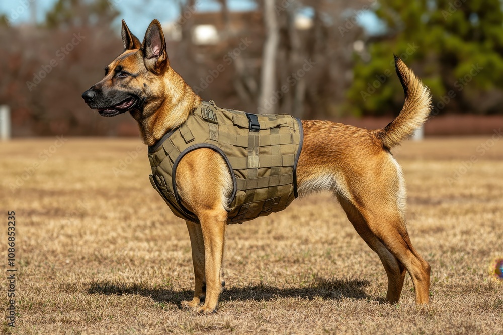 Belgian Malinois Training in a Field: A Belgian Malinois wearing a training vest Belgian Malinois Training in a Field: A Belgian Malinois wearing a training vest